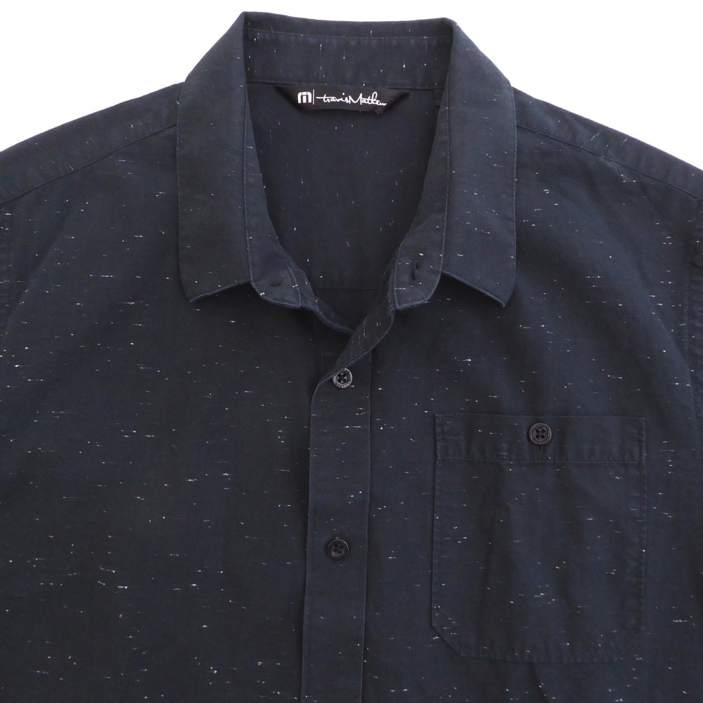 Travis Mathew Mens Button Up Shirt Navy Speckled Short Sleeve Pocket Size M